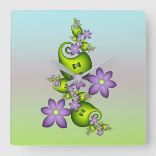 Floral Fantasy Lilac Flowers Green Shapes Fractal Square Wall Clock