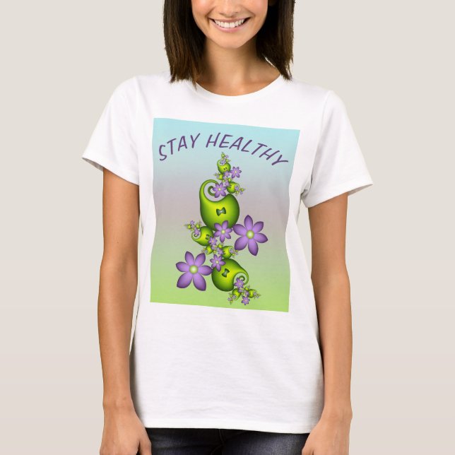 Floral Fantasy Lilac Flowers Green Shapes Fractal T-Shirt (Front)