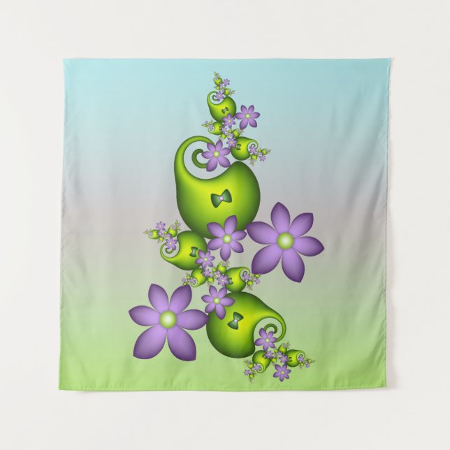 Floral Fantasy Lilac Flowers Green Shapes Fractal Tapestry (Front)