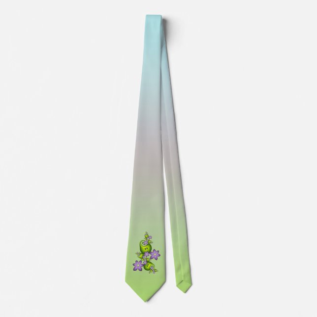 Floral Fantasy Lilac Flowers Green Shapes Fractal Tie (Front)