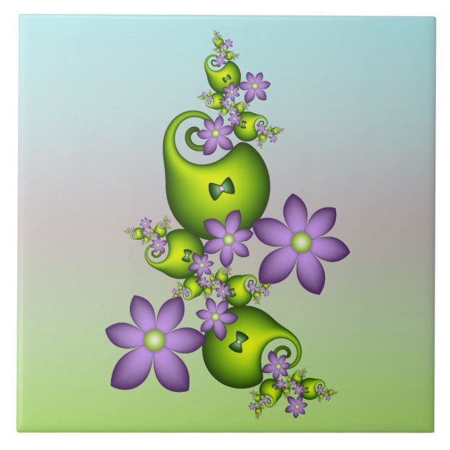 Floral Fantasy Lilac Flowers Green Shapes Fractal Tile (Front)
