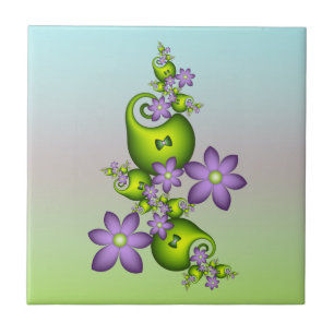 Floral Fantasy Lilac Flowers Green Shapes Fractal Tile