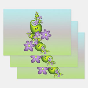 Floral Fantasy Lilac Flowers Green Shapes Fractal Wrapping Paper Sheet
