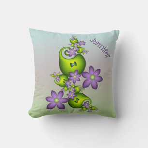 Floral Fantasy Lilac Flowers Green Shapes Name Cushion