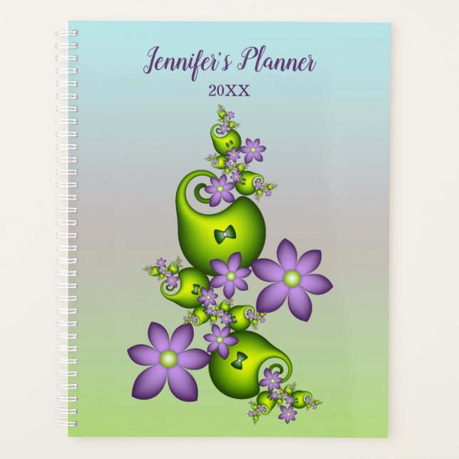 Floral Fantasy Lilac Green Flowers Fractal Name Planner (Front)