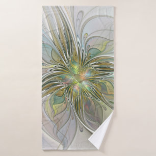 Floral Fantasy Modern Fractal Art Flower With Gold Bath Towel