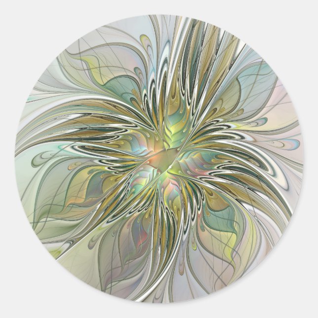 Floral Fantasy Modern Fractal Art Flower With Gold Classic Round Sticker (Front)