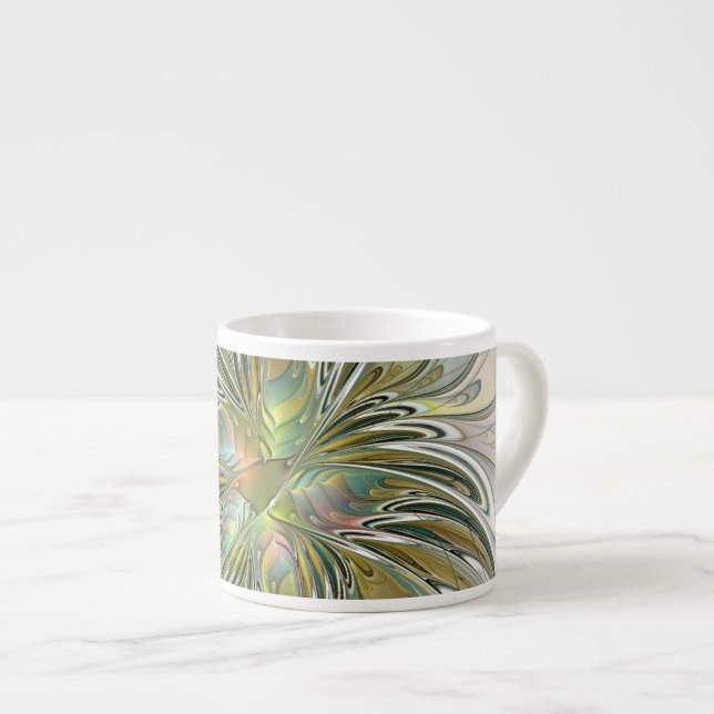 Floral Fantasy Modern Fractal Art Flower With Gold Espresso Cup (Front Right)