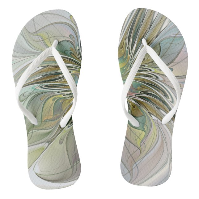 Floral Fantasy Modern Fractal Art Flower With Gold Flip Flops (Footbed)