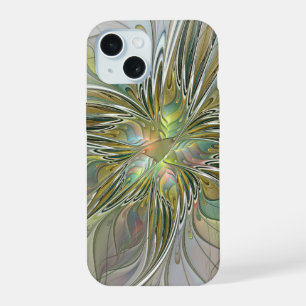 Floral Fantasy Modern Fractal Art Flower With Gold iPhone 15 Case