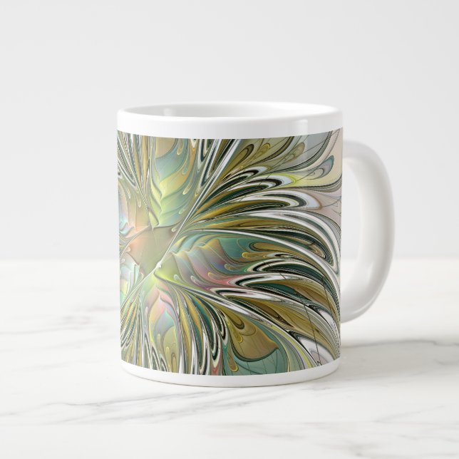Floral Fantasy Modern Fractal Art Flower With Gold Large Coffee Mug (Front Right)