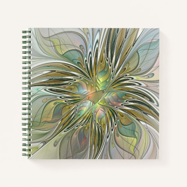 Floral Fantasy Modern Fractal Art Flower With Gold Notebook (Front)