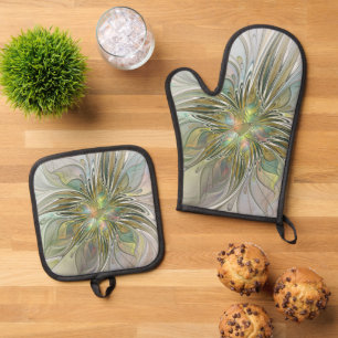 Floral Fantasy Modern Fractal Art Flower With Gold Oven Mitt & Pot Holder Set