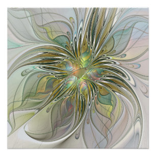 Floral Fantasy Modern Fractal Art Flower With Gold Poster