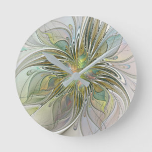 Floral Fantasy Modern Fractal Art Flower With Gold Round Clock