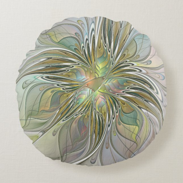 Floral Fantasy Modern Fractal Art Flower With Gold Round Cushion (Front)