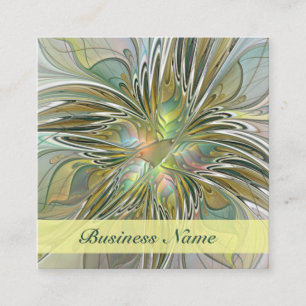 Floral Fantasy Modern Fractal Art Flower With Gold Square Business Card