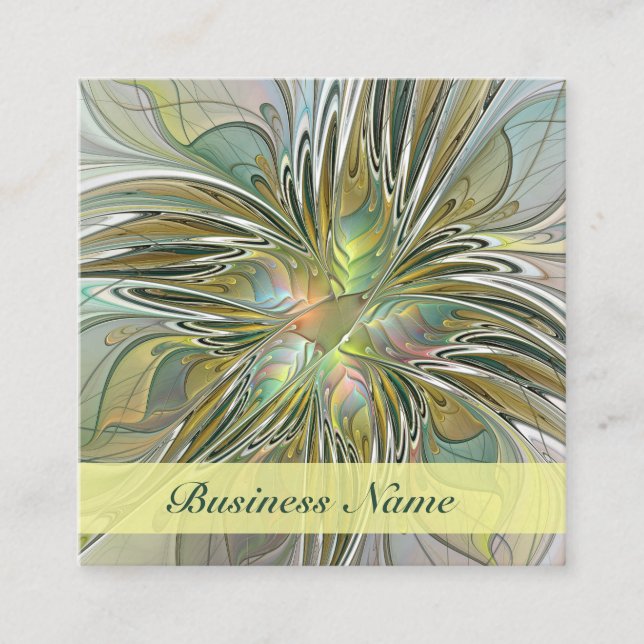 Floral Fantasy Modern Fractal Art Flower With Gold Square Business Card (Front)