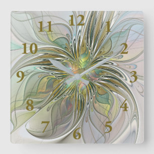 Floral Fantasy Modern Fractal Art Flower With Gold Square Wall Clock