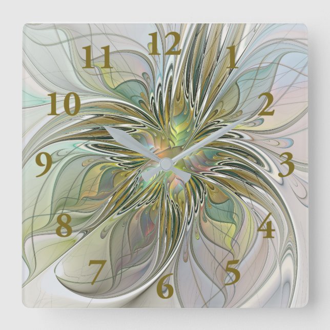 Floral Fantasy Modern Fractal Art Flower With Gold Square Wall Clock (Front)