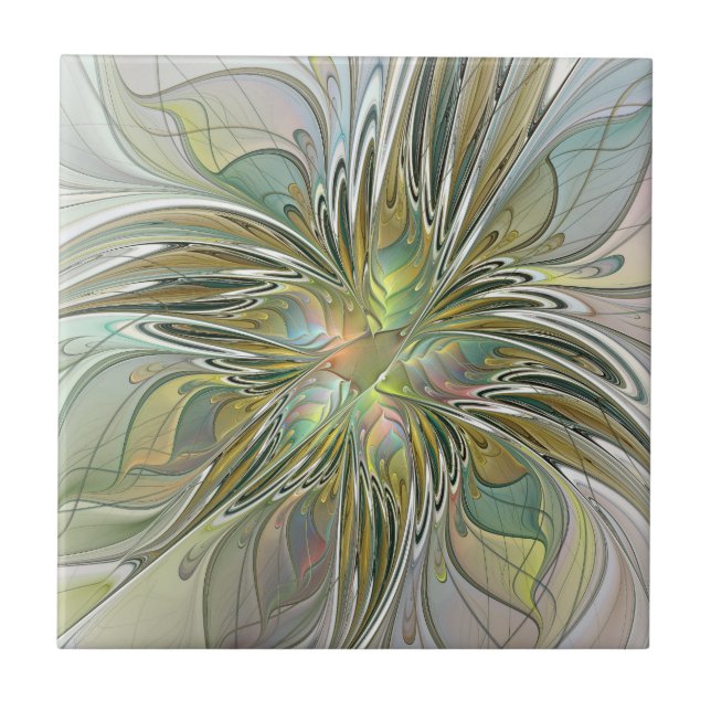 Floral Fantasy Modern Fractal Art Flower With Gold Tile (Front)