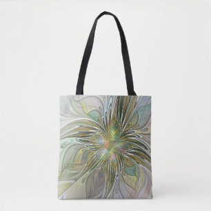 Floral Fantasy Modern Fractal Art Flower With Gold Tote Bag