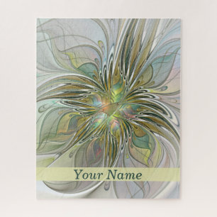 Floral Fantasy Modern Fractal Flower W. Gold Name Jigsaw Puzzle