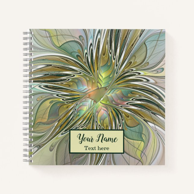 Floral Fantasy Modern Fractal Flower W. Gold Name Notebook (Front)