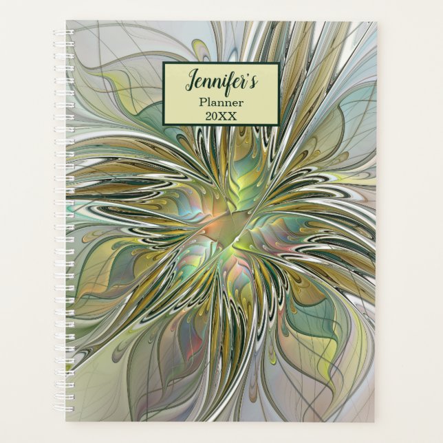 Floral Fantasy Modern Fractal Flower W. Gold Name Planner (Front)