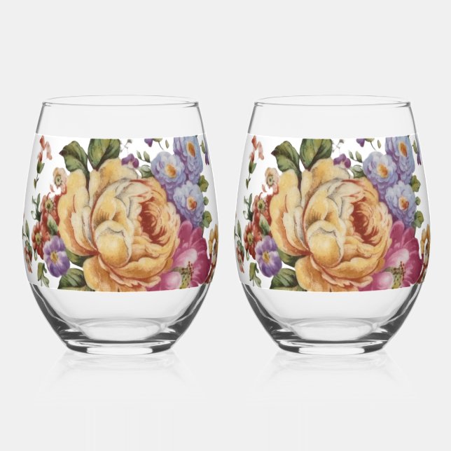 Floral Fantasy   Stemless Wine Glass (Front)