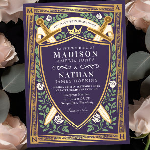 Floral Fantasy Swords Shield Monogram Wedding Invitation