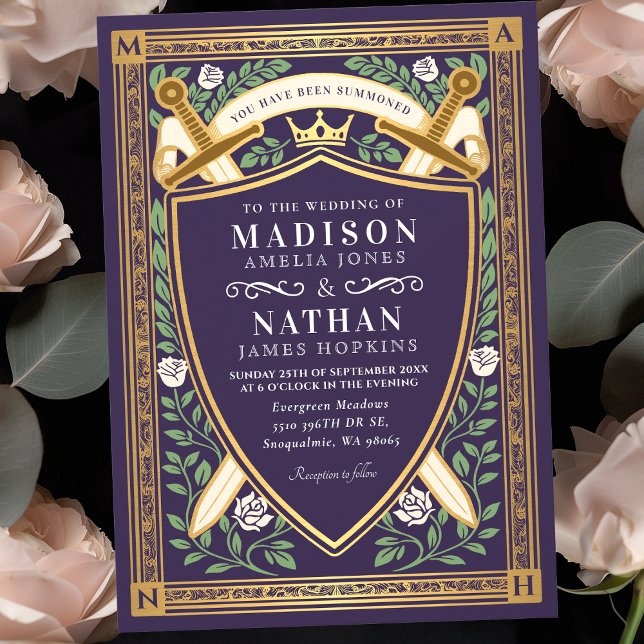 Floral Fantasy Swords Shield Monogram Wedding Invitation (Creator Uploaded)
