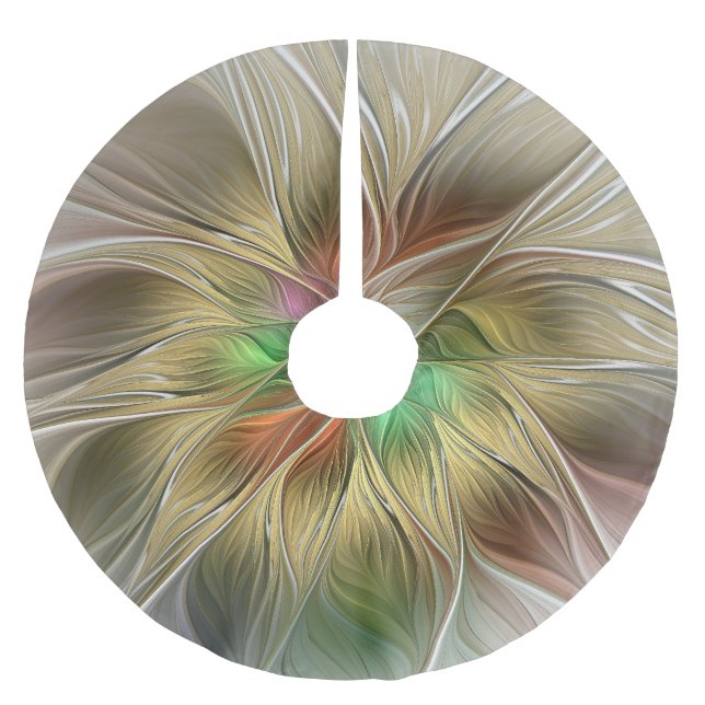 Floral Fantasy With Gold Modern Abstract Fractal Brushed Polyester Tree Skirt (Front)