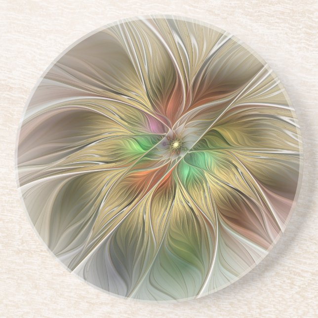 Floral Fantasy With Gold Modern Abstract Fractal Coaster (Front)