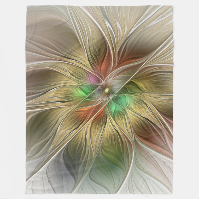 Floral Fantasy With Gold Modern Abstract Fractal Fleece Blanket (Front)