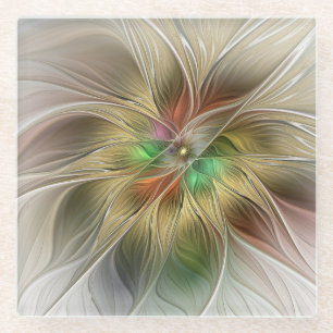 Floral Fantasy With Gold Modern Abstract Fractal Glass Coaster