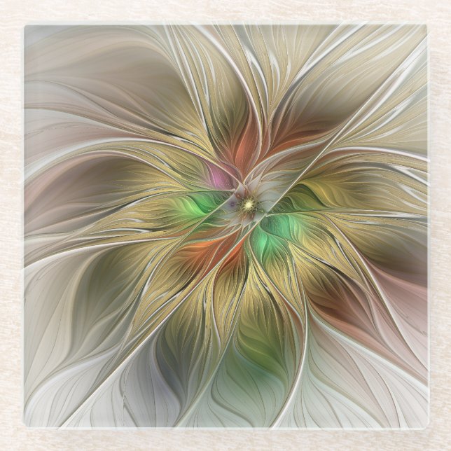 Floral Fantasy With Gold Modern Abstract Fractal Glass Coaster (Front)