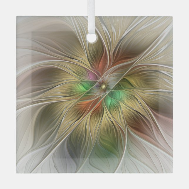 Floral Fantasy With Gold Modern Abstract Fractal Glass Tree Decoration (Front)