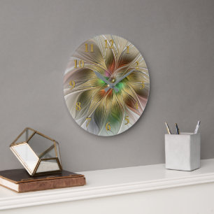 Floral Fantasy With Gold Modern Abstract Fractal Large Clock