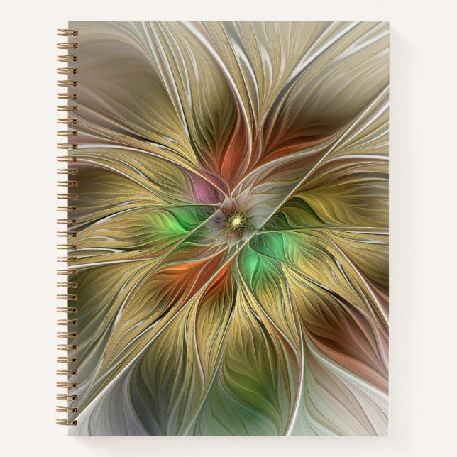 Floral Fantasy With Gold Modern Abstract Fractal Notebook (Front)