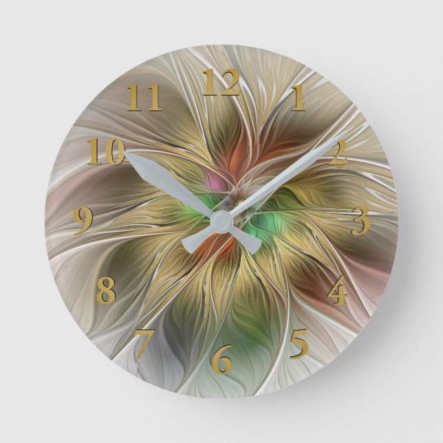 Floral Fantasy With Gold Modern Abstract Fractal Round Clock (Front)