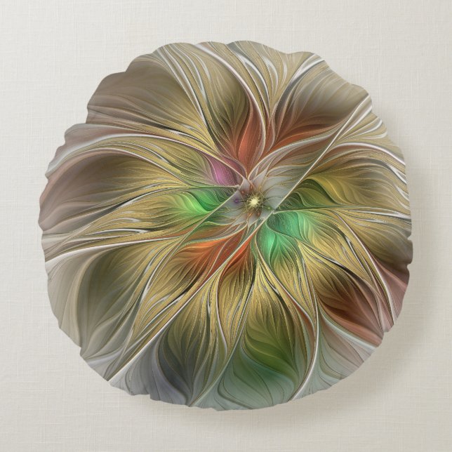 Floral Fantasy With Gold Modern Abstract Fractal Round Cushion (Front)