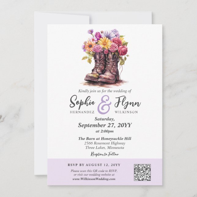 Floral Farm Boots Rustic Barn Wedding Combo RSVP + Invitation (Front)