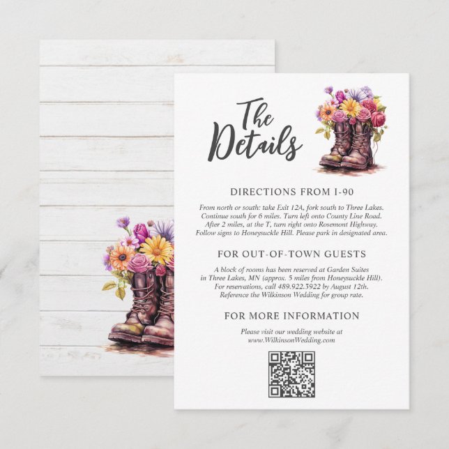 Floral Farm Boots Rustic Country Wedding Details Enclosure Card (Front/Back)