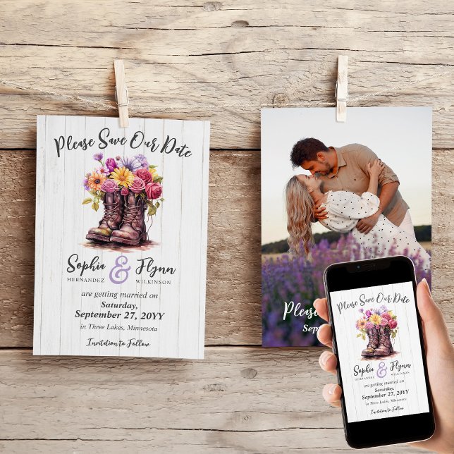 Floral Farm Boots Rustic Country Wedding Photo Save The Date (Creator Uploaded)