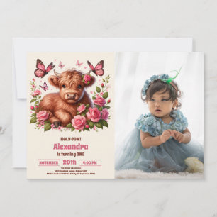 Floral Farm Holy Cow Highland 1st Birthday Photo Invitation