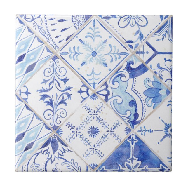 Floral Farmhouse Blue White Vintage Kitchen Tile (Front)