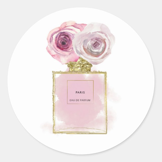 Floral Fashion Perfume Bottle Pink Roses Gold Glam Classic Round Sticker (Front)