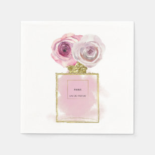 Floral Fashion Perfume Bottle Pink Roses Gold Glam Napkin