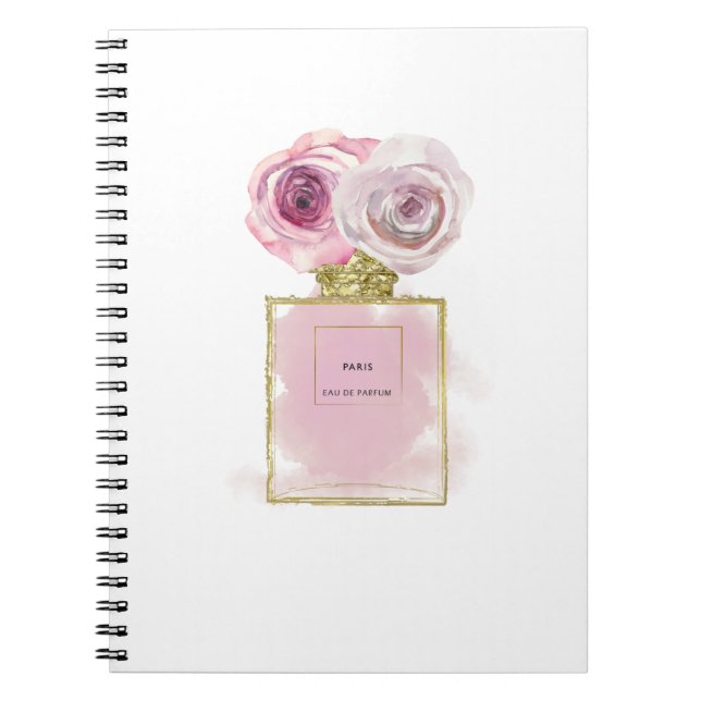 Floral Fashion Perfume Bottle Pink Roses Gold Glam Notebook (Front)